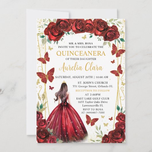 Chique rode rozen bloemenprinses quinceañera kaart (Voorkant)