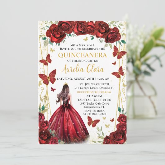 Chique rode rozen bloemenprinses quinceañera kaart (Staand voorkant)