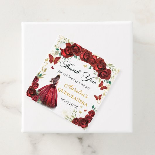 Chique rode rozen bloemenquinceañera prinses bedankjes labels (In situ)