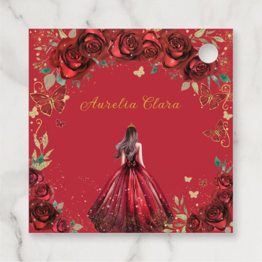 Chique rode rozen bloemenquinceañera prinses bedankjes labels (Achterkant)