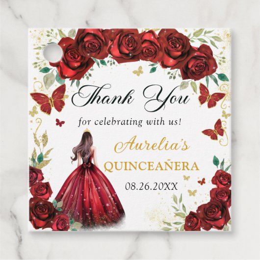 Chique rode rozen bloemenquinceañera prinses bedankjes labels (Voorkant)