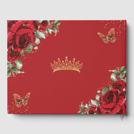 Chique rode rozen bloemenvlinders gouden quinceane gastenboek (Achterkant)