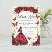 Chique rode rozen bloemenvlinders quinceañera bedankkaart (Staand voorkant)