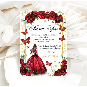 Chique rode rozen bloemenvlinders quinceañera bedankkaart