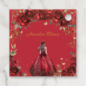 Chique Rode Rozen Bloemige Quinceañera Prinses Bedankjes Labels (Achterkant)