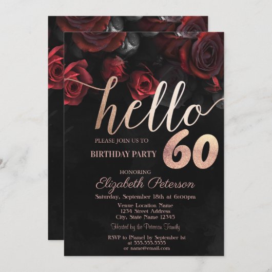 Chique rode rozen zwart 60e verjaardag feest kaart (Voorkant / Achterkant)