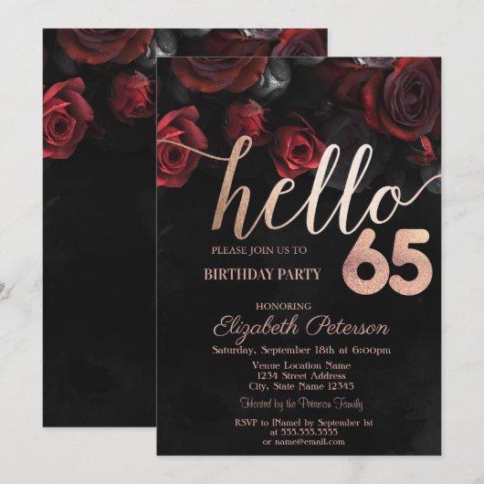 Chique rode rozen zwart 65e verjaardag feest kaart (Voorkant / Achterkant)