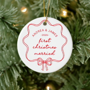 Chique Rode Strikte Coquette Eerste Kerstmis Gehuw Keramisch Ornament