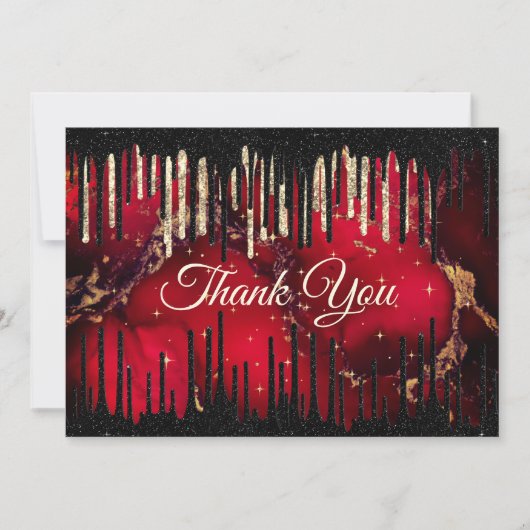 Chique rode zwarte druipende glitters monogram bedankkaart (Voorkant)