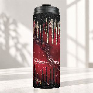 Chique rode zwarte druipende glitters monogram thermosbeker