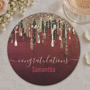 Chique rode zwarte en gouden glitterslier monogram ronde kartonnen onderzetter