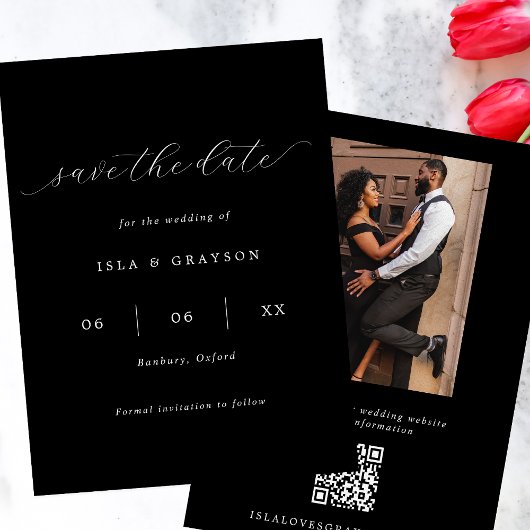 Chique romantisch script zwart-wit foto QR-code Save The Date