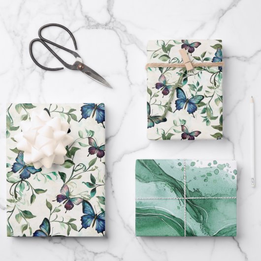 Chique Romantische Blauwe Vlinders Bruidsdouche Inpakpapier Vel (Voorkant)