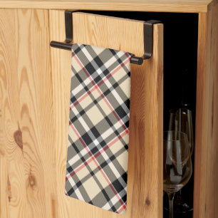 Chique rood beige zwart wit ruit strepenpatroon theedoek