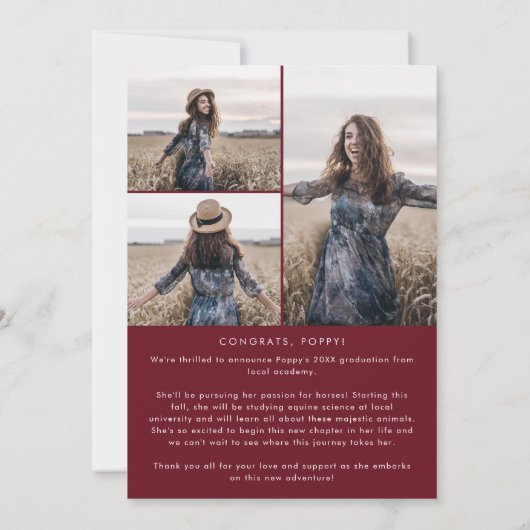 Chique rood bericht fotocollage Afstuderen Aankondiging (Achterkant)