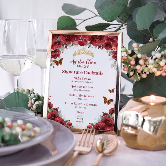 Chique Rood Bloemengoud Quinceanera Bar Drink Menu Foto Afdruk