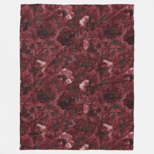 Chique rood-bordeaux bloemen fleece deken (Voorkant)