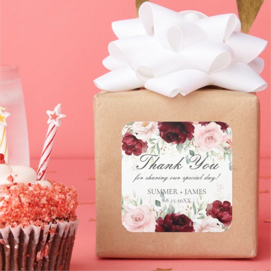 Chique rood bordeaux blozen roze rozen bloemenbrui vierkante sticker (Feest)