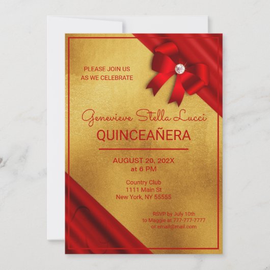 Chique rood en goud Quinceañera Party uitnodiging (Voorkant)