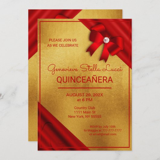 Chique rood en goud Quinceañera Party uitnodiging (Voorkant / Achterkant)