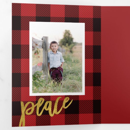 Chique rood geruite + gouden script vakantie fotok drieluik uitnodiging (Binnenzijde eerst)