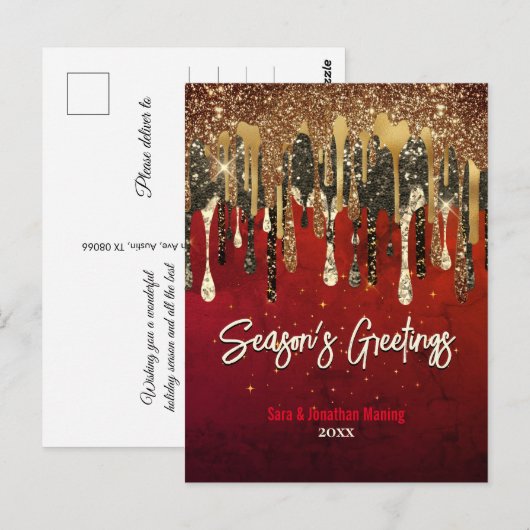 Chique rood goud glitter druppels Kerstmis nieuwja Briefkaart (Voorkant / Achterkant)