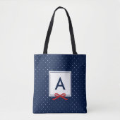 Chique rood lint blauw polka dot patroon monogram tote bag (Voorkant)