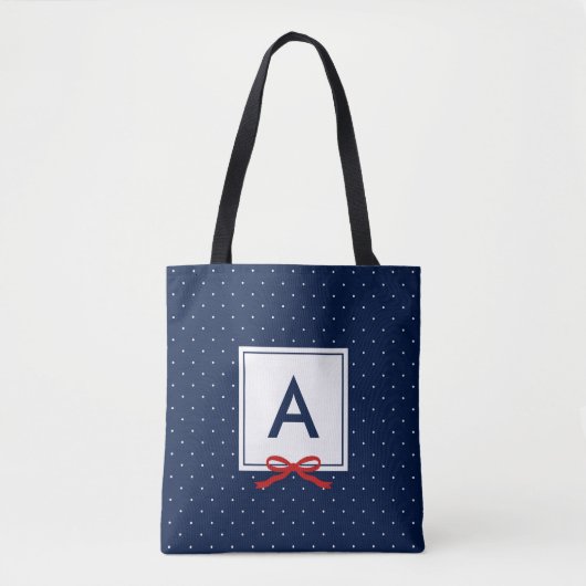 Chique rood lint blauw polka dot patroon monogram tote bag (Voorkant)