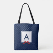Chique rood lint blauw polka dot patroon monogram tote bag (Achterkant)