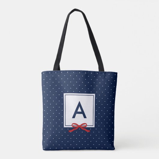 Chique rood lint blauw polka dot patroon monogram tote bag (Achterkant)