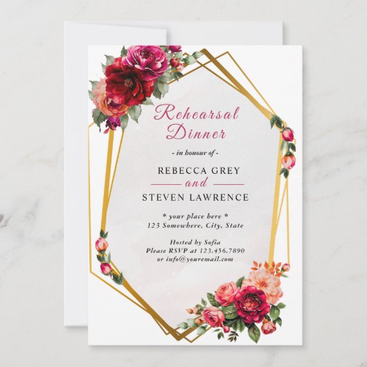 Chique rood roze bloemenfaux goud repetitie diner kaart (Voorkant)