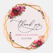 Chique rood roze bloemenfaux gouden bruiloft dank ronde sticker (Voorkant)