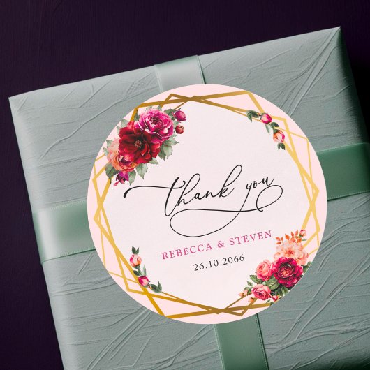 Chique rood roze bloemenfaux gouden bruiloft dank ronde sticker