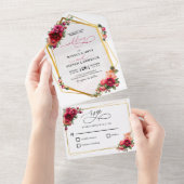 Chique rood roze bloemig en faux goud all in one uitnodiging (Afscheurbaar)
