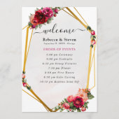 Chique rood roze bloemig en faux goud bruiloft pro programmakaart (Voorkant)