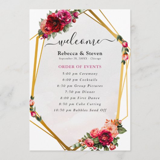 Chique rood roze bloemig en faux goud bruiloft pro programmakaart (Voorkant)