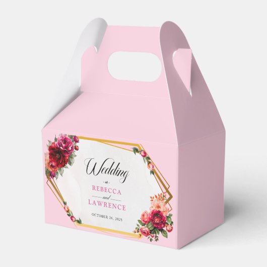 Chique rood roze bloemig en faux gouden bruiloft bedankdoosjes (Voorkant Zijde)