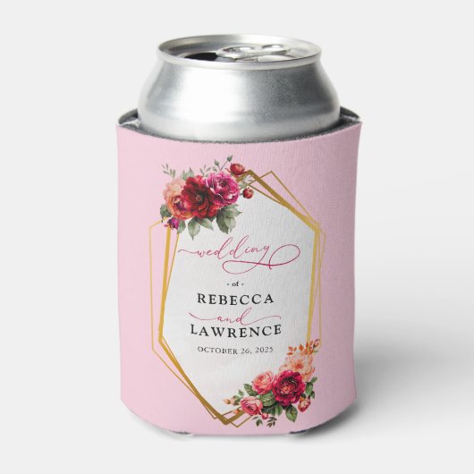 Chique rood roze bloemig en faux gouden bruiloft blikjeskoeler (Blikje Voorkant)