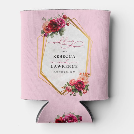 Chique rood roze bloemig en faux gouden bruiloft blikjeskoeler (Voorkant)