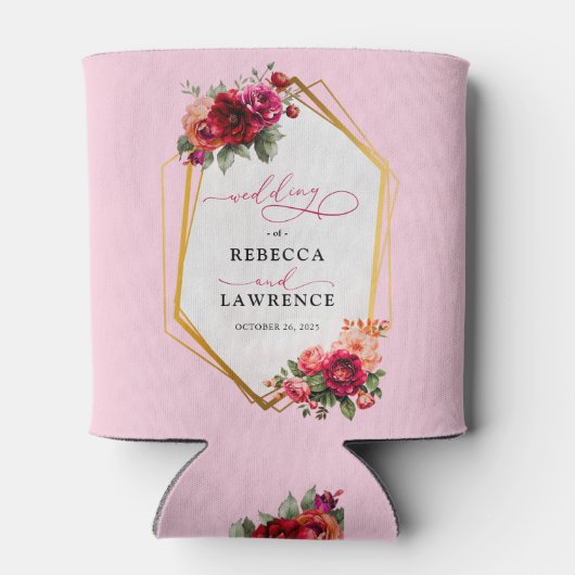 Chique rood roze bloemig en faux gouden bruiloft blikjeskoeler (Achterkant)