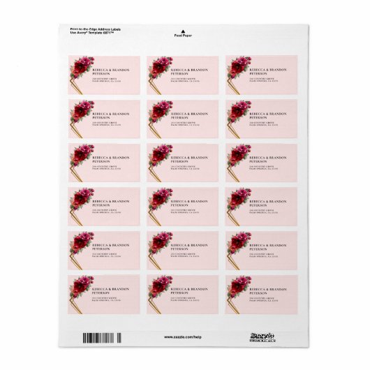 Chique rood roze bloemig en faux gouden bruiloft etiket (Full Sheet)