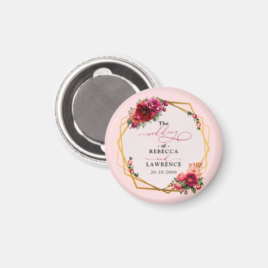 Chique rood roze bloemig en faux gouden bruiloft magneet (Voorkant / Achterkant)
