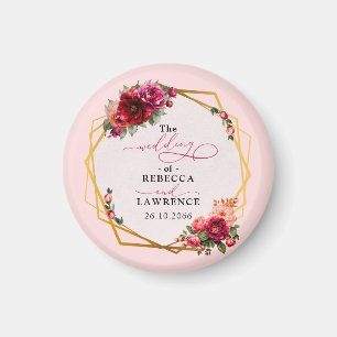 Chique rood roze bloemig en faux gouden bruiloft magneet