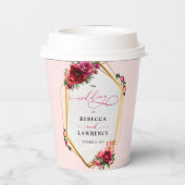 Chique rood roze bloemig en faux gouden bruiloft papieren bekers (Achterkant)