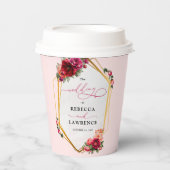 Chique rood roze bloemig en faux gouden bruiloft papieren bekers (Voorkant)