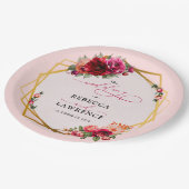 Chique rood roze bloemig en faux gouden bruiloft papieren bordje (Gekanteld)