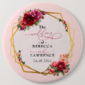 Chique rood roze bloemig en faux gouden bruiloft ronde button 6,0 cm (Voorkant)