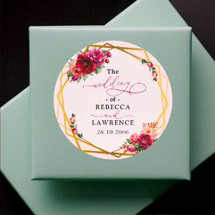 Chique rood roze bloemig en faux gouden bruiloft ronde sticker