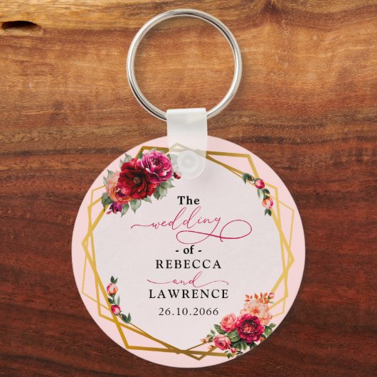 Chique rood roze bloemig en faux gouden bruiloft sleutelhanger (Voorkant)