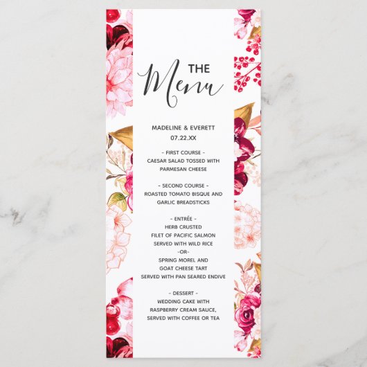Chique rood & roze bloemige trouwmenu menu (Voorkant)